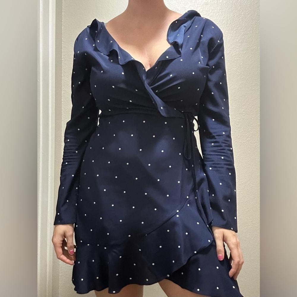 ASOS Missguided Tall Navy Polka Dot Faux Wrap Mini Dress – Tall Length, Size 8